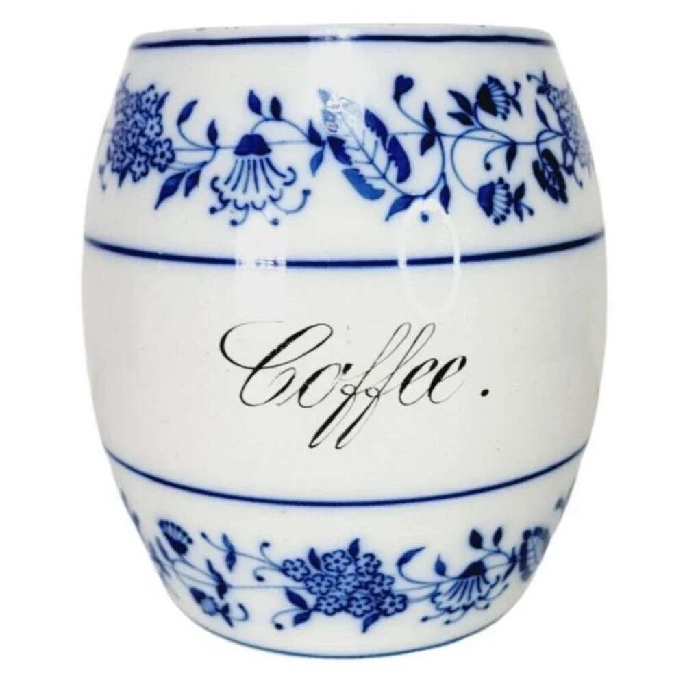 Antique German Porcelain Ceramic Blue & White Delft Round Coffee Jar Canister